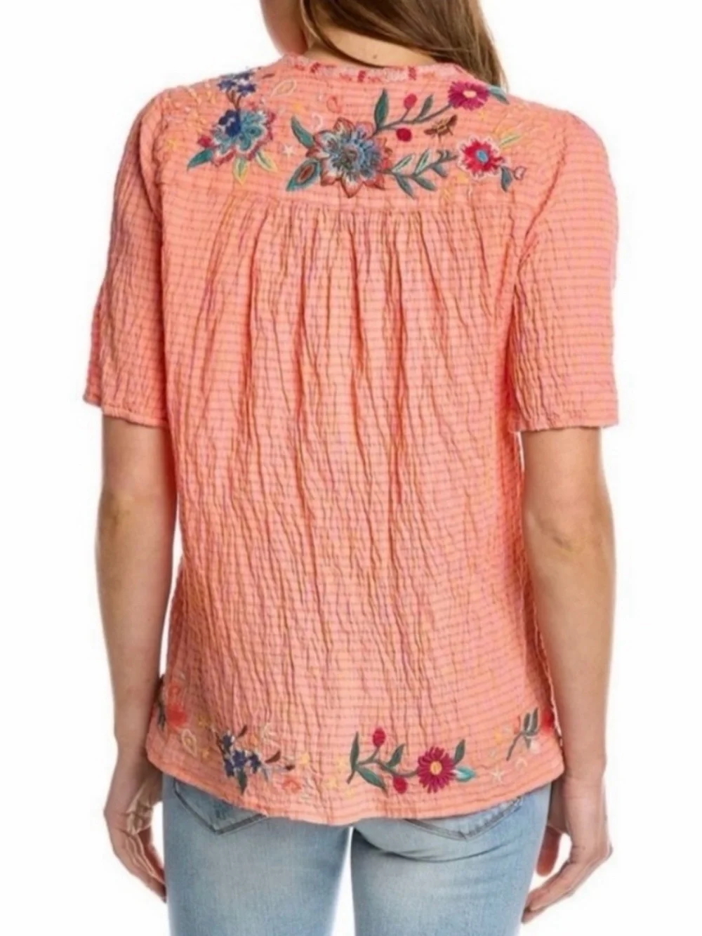 Johnny Was Linda Coral Embroidered Split-Neck Puff Sleeve Blouse